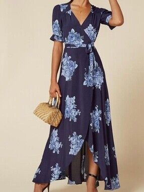 Reformation Blue Rose Floral Wrap Maxi Dress Small